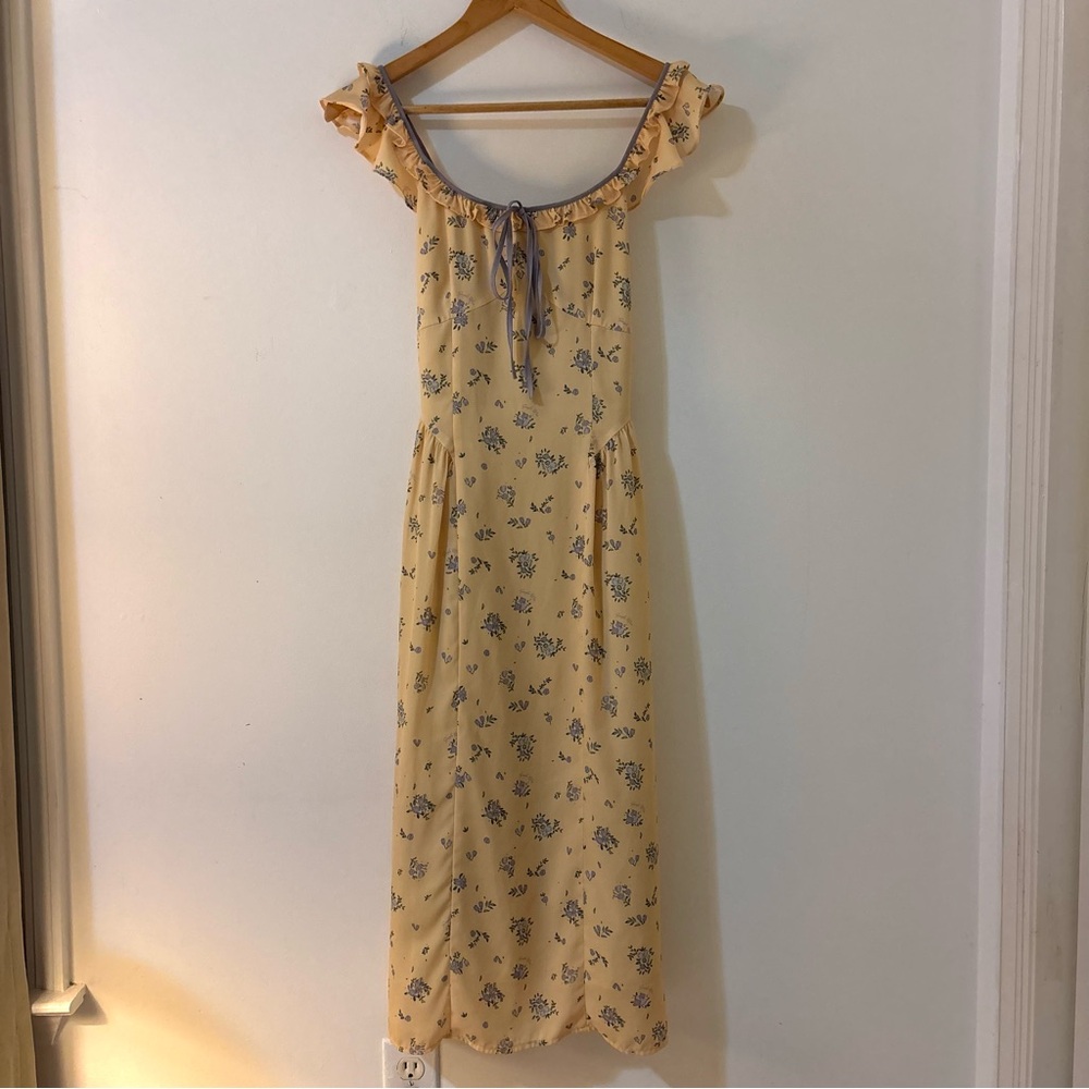 Simple Retro Yellow Floral Ruffle Midi Dress Cottagecore Summer S